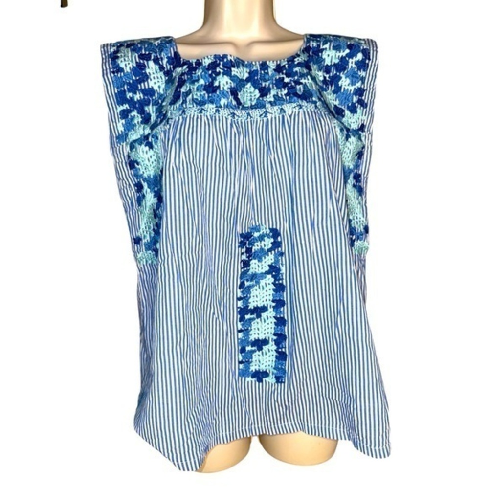 ▶️ J.Marie ◀️ Sleeveless Top Embroidered Blue /Turquoise Seersucker  Stripes